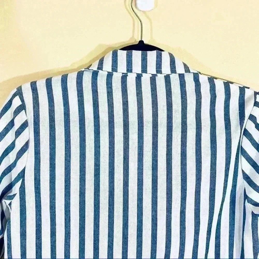 Miss Love Blue/White Stripe Collared Long Sleeve Button Down Tie Crop Top (S) - Picture 9 of 12